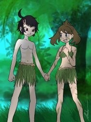 Rule 34 | 1boy, 1girl, ahoge, antenna hair, arm at side, armpits, barefoot, black hair, blue eyes, bodypaint, brendan (pokemon), brown hair, child, clenched hands, collarbone, couple, creatures (company), day, eye contact, fang, feral child, fingernails, flat chest, game freak, hand on own chest, happy, highres, jungle, leaf bikini, leaf skirt, legs, long fingernails, looking at another, may (pokemon), medium hair, midriff, nature, navel, neck, nintendo, no male underwear, no panties, official alternate costume, outdoors, pokemon, pokemon adventures, red eyes, revealing clothes, shadao, sharp fingernails, short hair, short ponytail, shy, sidelocks, signature, smile, standing, swept bangs, thighs, tomboy, topless male, v-shaped eyebrows