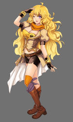Rule 34 | 1girl, ahoge, artist request, belt, belt buckle, bike shorts, black gloves, black shorts, blonde hair, blush, boots, bracelet, breasts, buckle, cleavage, crop top, ember celica (rwby), facing viewer, fingerless gloves, full body, gloves, grey background, hand up, happy, high heel boots, high heels, jacket, jewelry, large breasts, long hair, looking at viewer, midriff, one eye closed, open mouth, orange scarf, orange thighhighs, purple eyes, rwby, salute, scarf, short shorts, short sleeves, shorts, simple background, skirt, smile, solo, standing, strapless, thighhighs, tongue, tube top, very long hair, waist cape, wavy hair, wink, yang xiao long