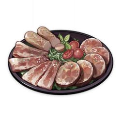 Rule 34 | artist request, bacon, cherry tomato, commentary, english commentary, food, food focus, game cg, genshin impact, ham, lettuce, lowres, meat, muted color, no humans, official art, sausage, simple background, still life, third-party source, tomato, transparent background, tray