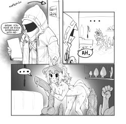 Rule 34 | ..., 1girl, 1other, absurdres, animal ears, arknights, arrow (symbol), blush, butt plug, caught, clothed male nude female, comic, commentary, completely nude, dildo, doctor (arknights), door, embarrassed, english commentary, english text, feet out of frame, grani (arknights), greyscale, highres, holding, holding sex toy, hood, hood up, hooded jacket, horse dildo, horse ears, horse girl, horse tail, huge dildo, indoors, jacket, leaning forward, long hair, minkye, monochrome, nude, opening door, ponytail, pussy juice, pussy juice trail, sex toy, speech bubble, spoken ellipsis, sweat, tail, too many, too many sex toys, visor cap, walk-in