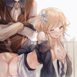 Rule 34 | 1boy, 1girl, bare shoulders, blonde hair, blush, breasts squeezed together, breasts, bug, flower, formal, genshin impact, guzangnanfeng, hair flower, hair ornament, highres, long sleeves, lumine (genshin impact), maid, one eye closed, outdoors, sex, sex from behind, suit, tattoo, zhongli (genshin impact)