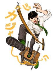 Rule 34 | 1boy, arm up, black pants, broom, broom guitar, chair, closed eyes, collared shirt, commentary request, dancing, dress shirt, foreshortening, from above, full body, green necktie, green socks, holding, holding broom, leg up, light blush, loose necktie, male focus, matsuzaki black, necktie, open mouth, original, pants, sandals, school chair, school uniform, shirt, simple background, sleeves rolled up, smile, socks, solo, standing, standing on desk, standing on one leg, translation request, unconventional guitar, white background, white shirt