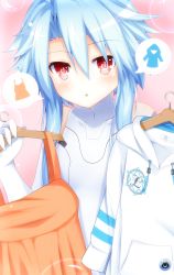Rule 34 | 1girl, absurdres, ahoge, badge, bare shoulders, blanc (neptunia), blue hair, blush, button badge, collarbone, dress, elbow gloves, flat chest, gloves, haru blanc0316, highres, hood, hooded jacket, jacket, leotard, light blue hair, looking at viewer, neptune (series), open mouth, parted lips, pink background, power symbol, power symbol-shaped pupils, red eyes, shin jigen game neptune vii, short hair, short hair with long locks, sidelocks, simple background, solo, speech bubble, symbol-shaped pupils, tight clothes, white heart (neptunia), white leotard