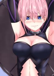 Rule 34 | 1girl, armpits, black leotard, black sleeves, blue eyes, blush, breasts, cleavage, cleavage cutout, closed mouth, clothing cutout, commentary request, cosplay, detached sleeves, ds (mettyamattyaman), eyebrows hidden by hair, fate/grand order, fate (series), go-toubun no hanayome, hair between eyes, large breasts, leotard, looking at viewer, mash kyrielight, mash kyrielight (cosplay), midriff, nakano ichika, nose blush, pink hair, shield, short hair, smile, solo, stomach cutout, straight-on, upper body