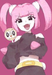 Rule 34 | :3, bandaid, bandaid on head, belt, black eyes, candy, coral (pokemon), creatures (company), crop top, eating, food, game freak, gen 7 pokemon, highres, holding, holding candy, holding food, holding lollipop, lollipop, medium hair, nintendo, off-shoulder sweater, off shoulder, pink hair, pokemon, pokemon (anime), pokemon horizons, red background, rowlet, sleeves past fingers, sleeves past wrists, smile, sweat, sweater, teeth, twintails, yubo (yubo san)