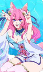 Rule 34 | 1girl, :d, ahri (league of legends), animal ear fluff, animal ears, bare shoulders, bell, blue bow, blue eyes, bow, breasts, cat ears, cleavage, facial mark, fang, fox ears, fox tail, green background, hair bell, hair bow, hair ornament, hands up, highres, hiyari (hiyarilol), large breasts, league of legends, long hair, nail polish, open mouth, pink hair, pink nails, ribbon, sitting, smile, solo, spirit blossom ahri, tail, tongue, vastaya, whisker markings