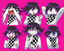 Rule 34 | 1boy, arms behind head, black hair, checkered background, checkered clothes, checkered neckwear, checkered scarf, cropped torso, crying, danganronpa (series), danganronpa v3: killing harmony, evil grin, evil smile, finger to mouth, furukawa (yomawari), grin, hair between eyes, hand up, highres, jacket, long sleeves, looking at viewer, male focus, multiple views, open mouth, oma kokichi, purple eyes, purple hair, scarf, short hair, shushing, smile, star-shaped pupils, star (symbol), straitjacket, symbol-shaped pupils, tears, upper body