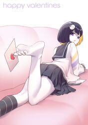 Rule 34 | 1girl, absurdres, barefoot, black hair, feet, highres, letter, looking at viewer, looking back, love letter, lying, medium hair, multicolored hair, on stomach, open mouth, pale skin, pompmaker1, purple eyes, soles, toes, two-tone hair, valentine