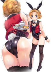 Rule 34 | 1girl, animal ears, ass, bare shoulders, black footwear, black leotard, black thighhighs, blush, braid, braided bun, breasts, cleavage, closed mouth, commentary request, cropped jacket, cup, double bun, fake animal ears, fingernails, food, full body, girls und panzer, hair bun, high heels, highleg, highleg leotard, highres, holding, leotard, light smile, looking at viewer, multiple views, nagayori, orange pekoe (girls und panzer), parted bangs, playboy bunny, rabbit ears, rabbit tail, shiny clothes, shiny skin, simple background, sleeveless, sleeveless jacket, small breasts, spoon, standing, tail, teacup, teapot, thighhighs, thighs, tray, white background, wrist cuffs