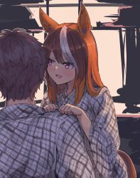 Rule 34 | 1boy, 1girl, :d, animal ears, blush, brown hair, checkered clothes, checkered kimono, commentary request, from behind, hands on another&#039;s shoulder, highres, horse ears, horse girl, horse tail, japanese clothes, kimono, kusanagi kaoru, long hair, long sleeves, looking at another, multicolored hair, open mouth, purple eyes, raised eyebrows, short hair, smile, streaked hair, symboli rudolf (umamusume), tail, umamusume, upper body, white hair, wide sleeves, yukata