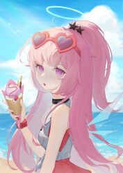 Rule 34 | 1girl, absurdres, ambriel (arknights), ambriel (holiday) (arknights), arknights, bare shoulders, beach, black choker, blue sky, choker, cloud, commentary request, day, eyewear on head, food, hair ornament, half updo, halo, highres, hmjzora, holding, holding food, ice cream, infection monitor (arknights), long hair, looking at viewer, nail polish, ocean, open mouth, pink hair, purple eyes, red nails, sky, solo, star (symbol), star hair ornament, sunglasses, very long hair, water