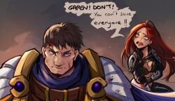 Rule 34 | 1boy, 1girl, armor, black jacket, black pants, breasts, brown gloves, brown hair, cleavage, closed mouth, cropped jacket, embers, english text, garen (league of legends), gloves, gradient background, jacket, katarina (league of legends), league of legends, long hair, long sleeves, medium breasts, open clothes, open jacket, open mouth, pants, red hair, scar, scar on face, shinaa (maddynshinaa), short hair, shoulder plates, speech bubble, teeth