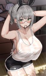 Rule 34 | 1girl, absurdres, animal ears, arms behind head, arms up, black hairband, black shorts, blush, bra, braid, breasts, cleavage, commentary, cowboy shot, dolphin shorts, fake animal ears, glasses, green eyes, hair tie in mouth, hairband, highres, hololive, kuse (0201), large breasts, looking at viewer, mole, mole on breast, mouth hold, nike (company), no bra, rabbit ears, see-through, semi-rimless eyewear, shirogane noel, shirt, short hair, short shorts, shorts, side-tie shirt, simple background, sitting, solo, standing, sweat, symbol-only commentary, tied shirt, tying hair, underwear, unworn bra, virtual youtuber, wet, wet clothes, wet shirt, white shirt, wooden floor