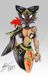 Rule 34 | 1girl, armor, asymmetrical clothes, bad id, bad tumblr id, bigdead, bodysuit, breasts, center opening, cia (hyrule warriors), contrapposto, hand on own hip, highres, hyrule warriors, jewelry, large breasts, lots of jewelry, mask, navel, nintendo, shoulder armor, sideboob, single sleeve, narrow waist, solo, pauldrons, standing, the legend of zelda