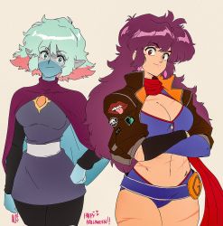 Rule 34 | 1990s (style), 2girls, aqua hair, asymmetrical sleeves, bare legs, belt, belt buckle, big hair, black legwear, blue shorts, blue skin, bomber jacket, breasts, brooch, brown jacket, buckle, cloak, colored skin, commentary, cosplay, creator connection, crossed arms, danielle (game grumps), danielle (game grumps) (cosplay), david liu, detached sleeves, dress, english commentary, facepaint, game grumps, green eyes, grey dress, halloween, halloween costume, hand on own hip, happy halloween, highres, jacket, jewelry, knights of the light table, large breasts, leather, leather jacket, looking at viewer, maria (space maria), medium breasts, midriff, mismatched sleeves, multicolored hair, multiple girls, narrow waist, navel, pantyhose, pi (space maria), pink hair, pointy ears, purple hair, red eyes, retro artstyle, sash, scar, short shorts, shorts, space maria, starlight brigade, strive (starlight brigade), strive (starlight brigade) (cosplay), two-tone hair
