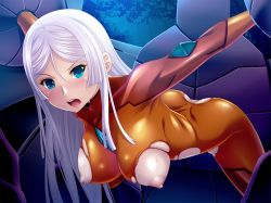 Rule 34 | 00s, 1girl, aoi nagisa (metalder), bdsm, blue eyes, blush, bodysuit, bondage, bound, bound arms, breast cutout, breasts, game cg, indoors, large breasts, lilith-soft, long hair, looking at viewer, nipples, open mouth, outstretched arms, sasha lindbloom, skin tight, spread arms, taimanin (series), taimanin asagi, taimanin asagi kessen arena, teeth, torn clothes, upper teeth only, white hair
