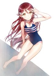 Rule 34 | 10s, 1girl, anco (melon85), arm support, bare arms, bare legs, bare shoulders, barefoot, blue one-piece swimsuit, competition swimsuit, from above, full body, hair ornament, hand over eye, long hair, looking at viewer, love live!, love live! school idol project, love live! sunshine!!, one-piece swimsuit, red hair, sakurauchi riko, sitting, smile, solo, swimsuit, yellow eyes