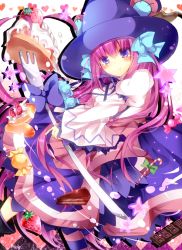 Rule 34 | 1girl, :t, alma (emil chronicle online), bad id, bad pixiv id, cake, candy, chocolate, dress, dumpty alma, emil chronicle online, food, fork, fruit, hat, heart, homarerererere, looking at viewer, pantyhose, pink hair, pout, purple eyes, puzzle &amp; dragons, solo, star (symbol), strawberry, striped clothes, striped legwear, striped pantyhose, witch hat