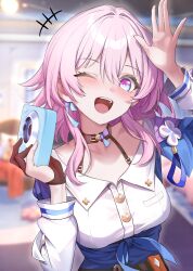 Rule 34 | 1girl, absurdres, black choker, blue eyes, blue jacket, blush, breasts, camera, choker, earrings, gloves, hair between eyes, highres, holding, holding camera, honkai: star rail, honkai (series), hungz, jacket, jewelry, long sleeves, looking at viewer, march 7th (honkai: star rail), medium hair, one eye closed, open mouth, partially fingerless gloves, pink eyes, pink hair, shirt, single earring, smile, solo, tied jacket, two-tone eyes, white shirt