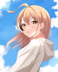Rule 34 | 1girl, :o, ahoge, blush, brown eyes, brown hair, cloud, cloudy sky, highres, hololive, hololive english, hood, hoodie, lens flare, long hair, looking at viewer, multicolored hair, nanashi mumei, nanashi mumei (casual), official alternate costume, open mouth, oversized clothes, sairen, sky, streaked hair, virtual youtuber, white hoodie