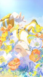 Rule 34 | 1girl, absurdres, blue sky, capelet, field, flower, flower field, frieren, green eyes, hand on own stomach, highres, jewelry, knee up, lying, nakauma, on back, parted bangs, ring, shirt, sky, smile, solo, sousou no frieren, striped clothes, striped shirt, twintails, white capelet, white hair