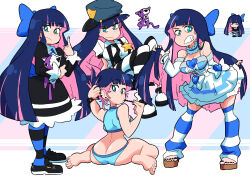 Rule 34 | 1girl, ass, blunt bangs, bow, breasts, bridal gauntlets, butt crack, chibi, cleavage, colored inner hair, detached leggings, eating, gothic lolita, hair bow, highres, lolita fashion, medium breasts, multicolored hair, nail polish, official alternate costume, panty &amp; stocking with garterbelt, scott malin, shoes, sneakers, stocking (psg), striped clothes, striped thighhighs, stuffed animal, stuffed cat, stuffed toy, swimsuit, thighhighs, two-tone hair