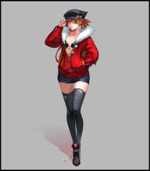 Rule 34 | 1girl, absurdres, adjusting clothes, adjusting headwear, alternate costume, bikini, blue eyes, boots, breasts, cleavage, dc (doughertyevans), eyepatch, front-tie bikini top, front-tie top, full body, fur-trimmed jacket, fur trim, grey background, hand in pocket, hat, highres, jacket, long hair, medium breasts, neon genesis evangelion, orange hair, partially unzipped, ponytail, shiny skin, skindentation, solo, souryuu asuka langley, standing, swimsuit, thighhighs, torn clothes, torn thighhighs, untied shoe, wide hips