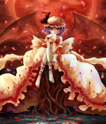 Rule 34 | 1girl, adapted costume, bat wings, bow, corset, crossed legs, dress, female focus, hat, large bow, leg ribbon, no shoes, purple hair, red eyes, remilia scarlet, ribbon, sitting, sitting on object, smile, solo, thighhighs, touhou, vetina, white thighhighs, wings, wrist cuffs
