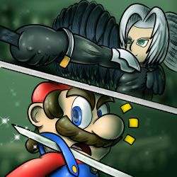 Rule 34 | 2boys, blue eyes, facial hair, final fantasy, final fantasy vii, green eyes, hat, highres, jacket, leather, leather jacket, long hair, mario, mario (series), multiple boys, mustache, nervous, nintendo, one wing, overalls, sephiroth, square enix, super mario bros. 1, super smash bros., sword, weapon, white hair