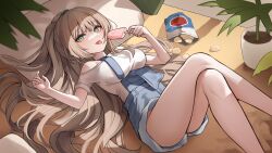 Rule 34 | 1girl, blue overalls, blush, breasts, eating, erbium, food, green eyes, highres, holding, holding food, holding popsicle, indoors, large breasts, light brown hair, long hair, looking at viewer, lying, original, overall shorts, overalls, popsicle, shirt, smile, solo, tongue, tongue out, white shirt