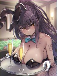 Rule 34 | 1girl, alcohol, animal ears, black hair, black leotard, blue archive, blurry, blurry background, blush, bow, bowtie, breast rest, breasts, champagne flute, cleavage, closed mouth, cup, dark-skinned female, dark skin, detached collar, drinking glass, fake animal ears, fishnet pantyhose, fishnets, gloves, gradient hair, hair between eyes, highres, holding, holding tray, indoors, karin (blue archive), karin (bunny) (blue archive), large breasts, leaning forward, leotard, long hair, looking at viewer, multicolored hair, orange eyes, pantyhose, playboy bunny, ponytail, rabbit ears, ryuinu, strapless, strapless leotard, sweat, tray, very long hair, white gloves