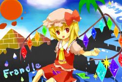 Rule 34 | 1girl, blonde hair, bow, cloud, female focus, flandre scarlet, hair bow, hat, hot, melting, outdoors, plant, pyramid (structure), red eyes, ribbon, sitting, sky, solo, tona, tona (nekotte), tongue, touhou, tree, wings
