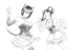 Rule 34 | 2girls, animal ears, breasts, cat ears, cat tail, cleavage, fubuki (one-punch man), large breasts, looking at viewer, multiple girls, one-punch man, one eye closed, skirt, smile, tail