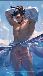 Rule 34 | 1boy, abs, absurdres, arm above head, arm up, armpit hair, armpits, bara, beach, beard, code2 ip, day, facial hair, feet out of frame, fish, from below, half-erect, high ponytail, highres, large pectorals, league of legends, looking at viewer, male focus, male pubic hair, mature male, muscular, muscular male, mustache stubble, navel, nipples, partially underwater shot, pectorals, penis, pubic hair, scar, scar on face, scar on nose, solo, standing, stomach, stubble, sunlight, thick eyebrows, thighs, undressing, v-taper, wet, yasuo (league of legends)