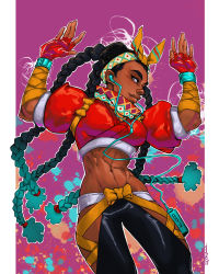 Rule 34 | 1girl, abs, absurdres, aqua hair, arm wrap, black pants, border, bow, bow hairband, breasts, brown lips, cable, colored tips, commentary, cropped jacket, dark-skinned female, dark skin, english commentary, fingerless gloves, gloves, graffiti, hairband, highres, hip vent, kimberly jackson, long hair, lowleg, lowleg pants, medium breasts, midriff, multicolored hair, navel, nose, pants, puffy short sleeves, puffy sleeves, quad braids, red gloves, scarf, short sleeves, smartwatch, solo, street fighter, street fighter 6, thick eyebrows, toned, very dark skin, walkman, watch, white border, will watkins, wristwatch, yellow bow, yellow hairband