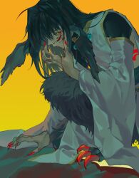 Rule 34 | 1boy, absurdres, ahoge, androgynous, black hair, blood, blood on face, blood on hands, blue pupils, body fur, body markings, buyaozaoqi, clawed feet, claws, detached sleeves, eyeshadow, fate/grand order, fate/samurai remnant, fate (series), glowing, glowing eye, hair down, hair intakes, hand over face, hand up, head wings, highres, japanese clothes, kimono, long hair, makeup, on one knee, oni, orange background, orange eyes, red eyeshadow, red nails, sidelocks, simple background, solo, white kimono, wings, yamato takeru (fate), yamato takeru (third ascension) (fate)