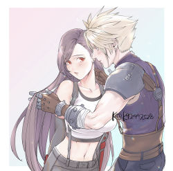 Rule 34 | 1boy, 1girl, armor, bare shoulders, blonde hair, blue eyes, blush, breasts, brown hair, cloud strife, collarbone, couple, crop top, detached sleeves, earrings, final fantasy, final fantasy vii, final fantasy vii remake, gloves, hand in another&#039;s hair, jewelry, large breasts, long hair, looking at another, midriff, mugikoma, navel, red eyes, shoulder armor, skirt, sleeveless, sleeveless turtleneck, spiked hair, suspender skirt, suspenders, tank top, tifa lockhart, turtleneck