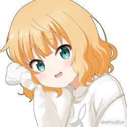 Rule 34 | 1girl, :d, blonde hair, blush, commentary request, gochuumon wa usagi desu ka?, green eyes, hand up, head tilt, kirima syaro, long hair, looking at viewer, mitya, open mouth, simple background, sleeves past fingers, sleeves past wrists, smile, solo, sweater, twitter username, upper body, white background, white sweater