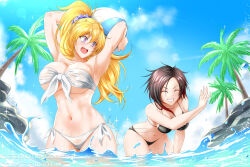 Rule 34 | 2girls, ^ ^, armpits, ass smack, bandeau, bikini, black bikini, black hair, blonde hair, blue sky, blush, body blush, breasts, cameltoe, cleavage, closed eyes, cloud, collarbone, day, front-tie bikini top, front-tie top, grin, groin, highres, kimmy77, large breasts, lens flare, linea alba, long hair, looking at another, looking back, medium breasts, multicolored hair, multiple girls, navel, ocean, open mouth, outdoors, palm leaf, palm tree, purple eyes, red hair, rock, ruby rose, rwby, shiny skin, short hair, siblings, side-tie bikini bottom, sisters, sky, smile, spanking, sparkle, standing, strapless, strapless bikini, streaked hair, surprised, swimsuit, teeth, tongue, tree, two-tone hair, upper teeth only, v-shaped eyebrows, water, water drop, wet, white bikini, yang xiao long
