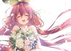 Rule 34 | 1girl, blush, bouquet, closed eyes, flower, granblue fantasy, leaf, low twintails, mizuno sao, petals, pink hair, smile, solo, twintails, white background, yggdrasil (granblue fantasy)
