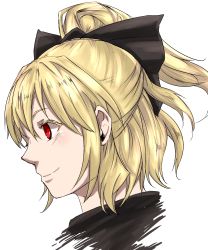 Rule 34 | 1girl, absurdres, black bow, blonde hair, blush, bow, brown dress, closed mouth, commentary request, dress, hair between eyes, hair bow, highres, kurodani yamame, lian gui, nose, ponytail, portrait, profile, red eyes, short hair, sidelocks, simple background, smile, solo, touhou, turtleneck, white background