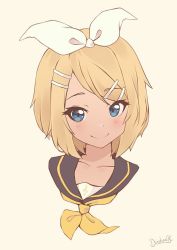 Rule 34 | 1girl, beige background, blonde hair, blue eyes, blush, bow, collarbone, commentary, cropped shoulders, darahan, english commentary, hair bow, hair ornament, hairclip, kagamine rin, looking at viewer, neckerchief, portrait, sailor collar, short hair, signature, simple background, smile, solo, treble clef, vocaloid, white bow, yellow neckerchief