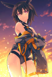 Rule 34 | 1girl, backlighting, bare shoulders, black hair, black one-piece swimsuit, breasts, cleavage, fate/grand order, fate (series), head wings, highres, large breasts, looking at viewer, one-piece swimsuit, ortlinde (fate), ortlinde (swimsuit assassin) (fate), purple sky, red eyes, saipaco, short hair, sky, smile, solo, swimsuit, thigh strap, thighs, valkyrie (fate), wings