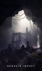 Rule 34 | black mix, cave, copyright name, genshin impact, no humans, ruins, scenery, underground