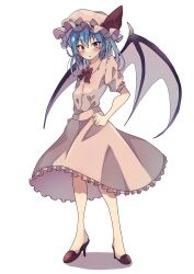Rule 34 | 1girl, absurdres, blue hair, blush, bow, bowtie, commentary request, demon wings, frilled skirt, frills, full body, hair between eyes, hand on own hip, hat, high heels, highres, looking at viewer, medium hair, mob cap, open mouth, pink hat, pink shirt, pink skirt, puffy short sleeves, puffy sleeves, red bow, red bowtie, red eyes, red footwear, remilia scarlet, seika okawari, shirt, short sleeves, simple background, skirt, solo, standing, touhou, tsurime, v-shaped eyebrows, white background, wings