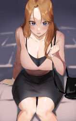 Rule 34 | 1girl, absurdres, bag, black skirt, blouse, blue eyes, blush, breasts, brown hair, cleavage, collarbone, eyebrows hidden by hair, handbag, highres, knees together feet apart, large breasts, long hair, long sleeves, looking at viewer, original, parted lips, pink shirt, rororo, shirt, sitting, skirt, solo, thighs, v-neck, wide hips