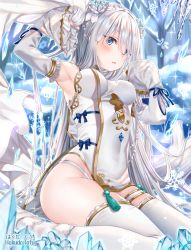 Rule 34 | 1girl, arm up, armpits, artist name, bare shoulders, bare tree, blue eyes, breasts, commentary request, covered navel, detached sleeves, dress, eyebrows hidden by hair, frilled sleeves, frills, hair over one eye, hakuda tofu, hand up, highres, ice, long hair, long sleeves, medium breasts, original, silver hair, sitting, sleeveless, sleeveless dress, sleeves past fingers, sleeves past wrists, snow, snowflakes, solo, thighhighs, tree, very long hair, wariza, white dress, white sleeves, white thighhighs