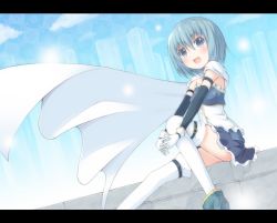 Rule 34 | 10s, 1girl, bad id, bad pixiv id, bare shoulders, blue eyes, blue hair, cape, chm (macharge), elbow gloves, gloves, magical girl, mahou shoujo madoka magica, matching hair/eyes, miki sayaka, short hair, sitting, skirt, solo, thighhighs, weapon, white thighhighs