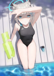 Rule 34 | 1girl, afe., animal ear fluff, animal ears, black one-piece swimsuit, blue archive, blue eyes, bottle, breasts, competition swimsuit, covered navel, cross hair ornament, extra ears, grey hair, hair ornament, halo, looking at viewer, low ponytail, medium breasts, medium hair, mismatched pupils, multicolored clothes, multicolored swimsuit, one-piece swimsuit, shading eyes, shiroko (blue archive), shiroko (swimsuit) (blue archive), sitting, soaking feet, solo, swimsuit, towel, water, water bottle, wolf ears