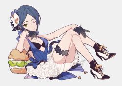 Rule 34 | 1girl, \||/, ankle boots, bad id, bad twitter id, bikini, bikini top only, black bikini, black gloves, blue bow, blue dress, blue hair, boots, bow, breasts, cleavage, cream puff, crossed legs, cushion, dress, elbow rest, flower, food, food request, frilled skirt, frills, fruit, gloves, grey background, hair bow, hair flower, hair ornament, half gloves, halter dress, halterneck, hand on own knee, hayami kanade, head rest, high heels, idolmaster, idolmaster cinderella girls, kiwi (fruit), kiwi slice, legs, looking at viewer, one eye closed, reclining, short hair, shorts, shorts under dress, signature, sitting, skirt, solo, sonnet form, star (symbol), swimsuit, thigh strap, tsurime, whipped cream